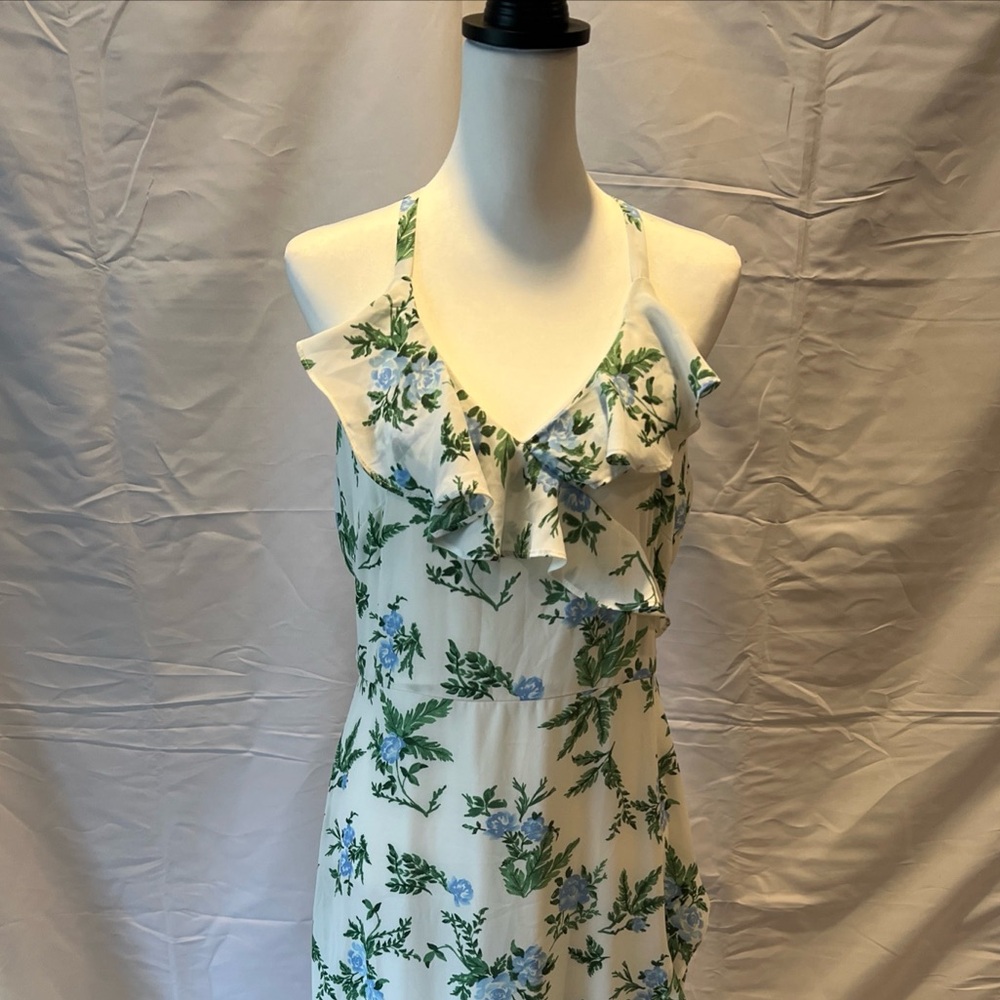 Women’s Hi low Faux Wrap Floral Green Blue and White Maxi Racerback Dress